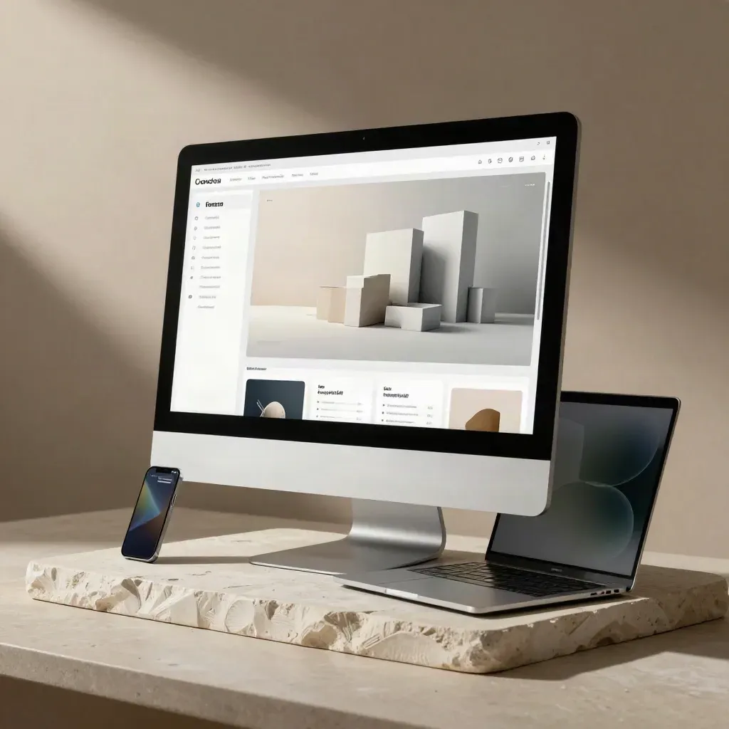 Monitor, laptop, dan ponsel di atas plester dengan model arsitektur, suasana dramatis.