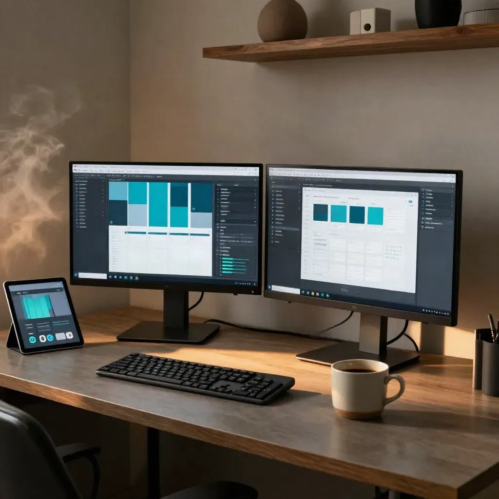 Meja agensi digital dengan dua monitor, tablet, kopi dingin, dan lampu hangat.